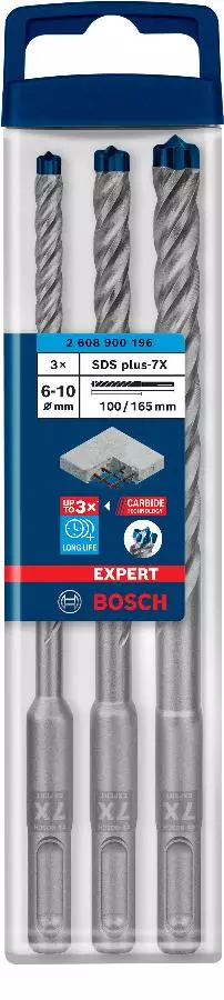 Coffret 3 Forets Béton 4 Taillants SDS-Plus 7X Expert BOSCH 6/8/10 Mm - 2608900196