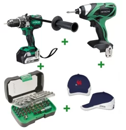 Lot De 2 Machines HITACHI - HIKOKI Perceuse Visseuse DS18 DBL2 5A + Visseuse à Chocs WH 18DSAL + Coffret De Percage Vissage + Casquette Euro 2016 - XX136NMWH