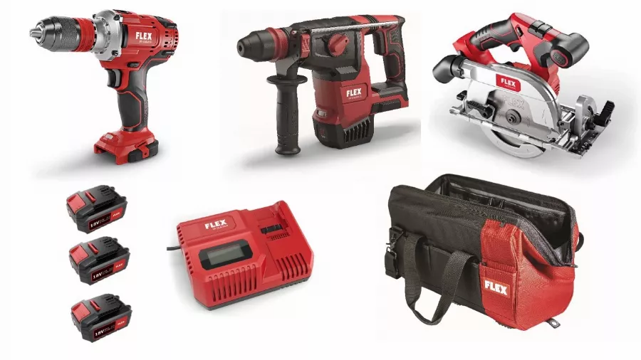 Lot 18V FLEX - Perceuse-visseuse + Perforateur + Scie Circulaire - 3 Batteries + Chargeur + Accessoires 3 Lot 18V FLEX - Perceuse-visseuse + Perforateur + Scie Circulaire - 3 Batteries + Chargeur + Accessoires