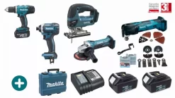 Lot 5 Machines MAKITA 18V 3 Batteries 3Ah + Chargeur + Perceuse Visseuse DDF453 + Visseuse à Choc DTD152 + Meuleuse DGA452 + Scie Sauteuse DJV180 + Outil Multifonction DTM51 - LMK4